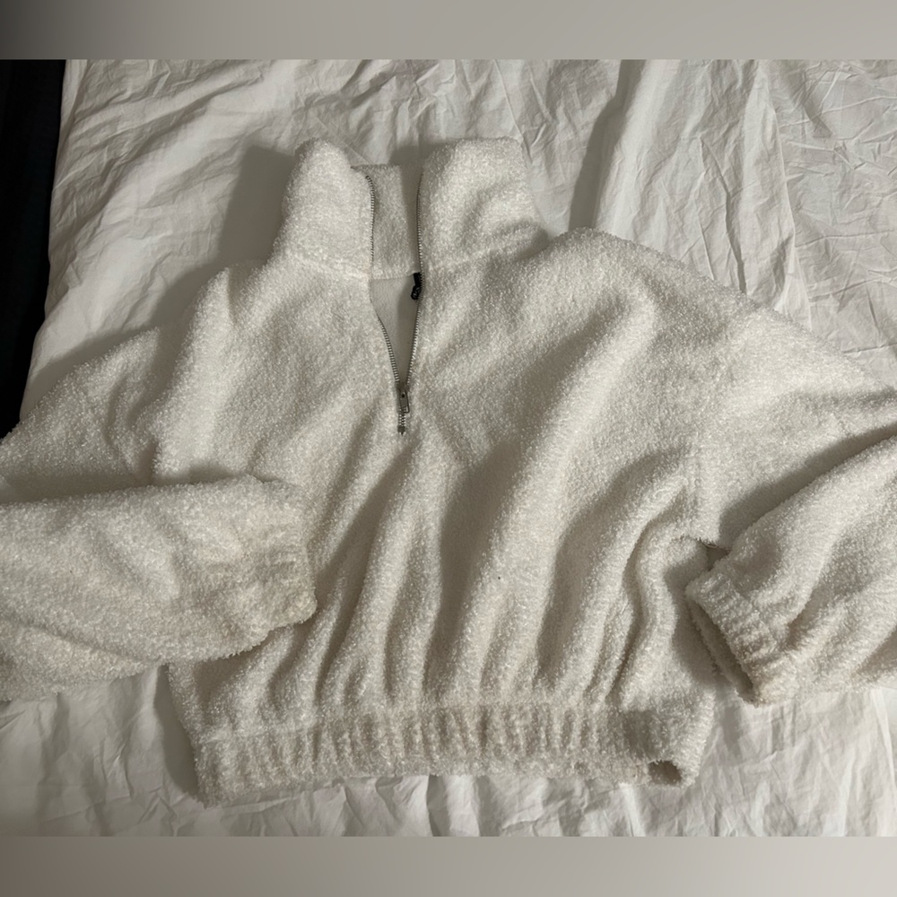 Zaful White nubby teddy crop quarter zip pullover jacket